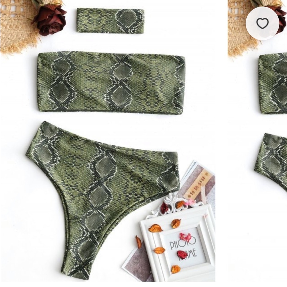 Bandeau green snakeskin choker bikini
